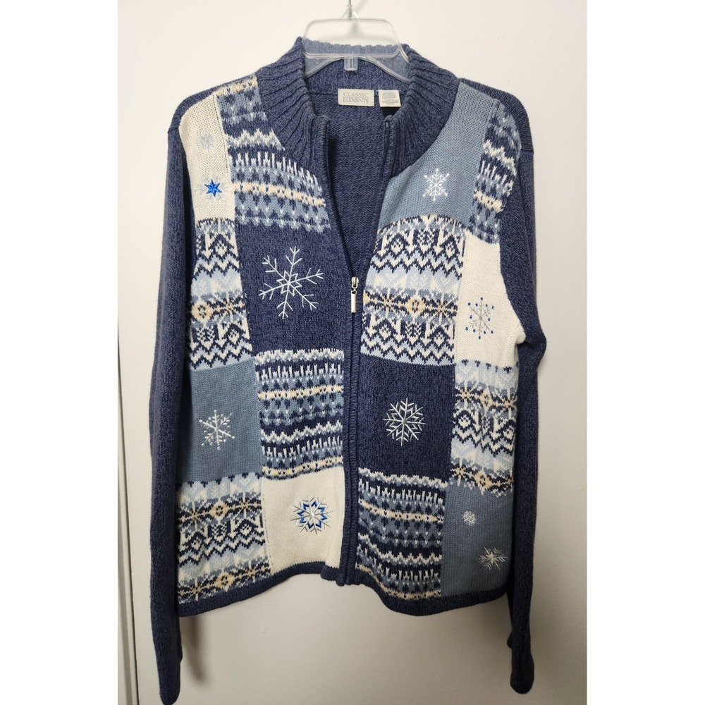 Classic Elements Vintage Winter Embroidered Patchwork‎ Full Zip Sweater Medium